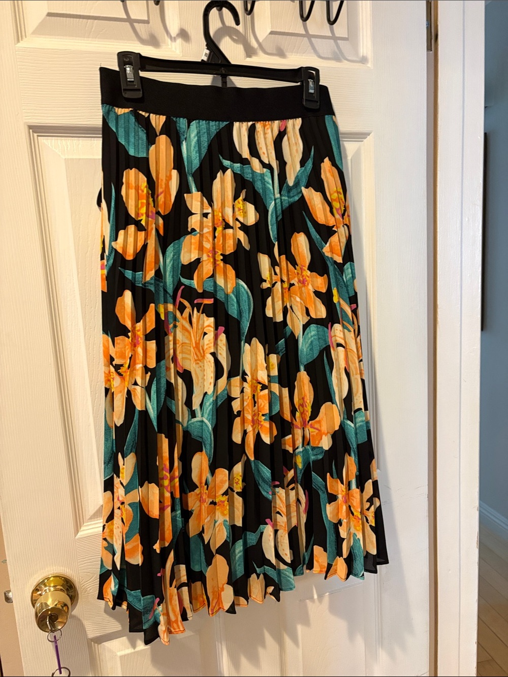 INC International Concepts Black Pleated Midi Skirt with Orange Floral Print